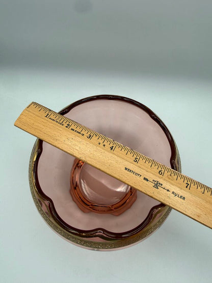 Art Deco Decorative Gold Etched Pink Depression Glass Footed Bowl /ro