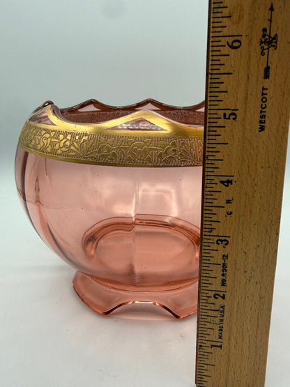 Art Deco Decorative Gold Etched Pink Depression Glass Footed Bowl /ro