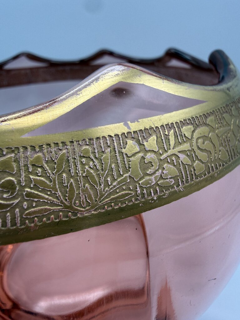 Art Deco Decorative Gold Etched Pink Depression Glass Footed Bowl /ro