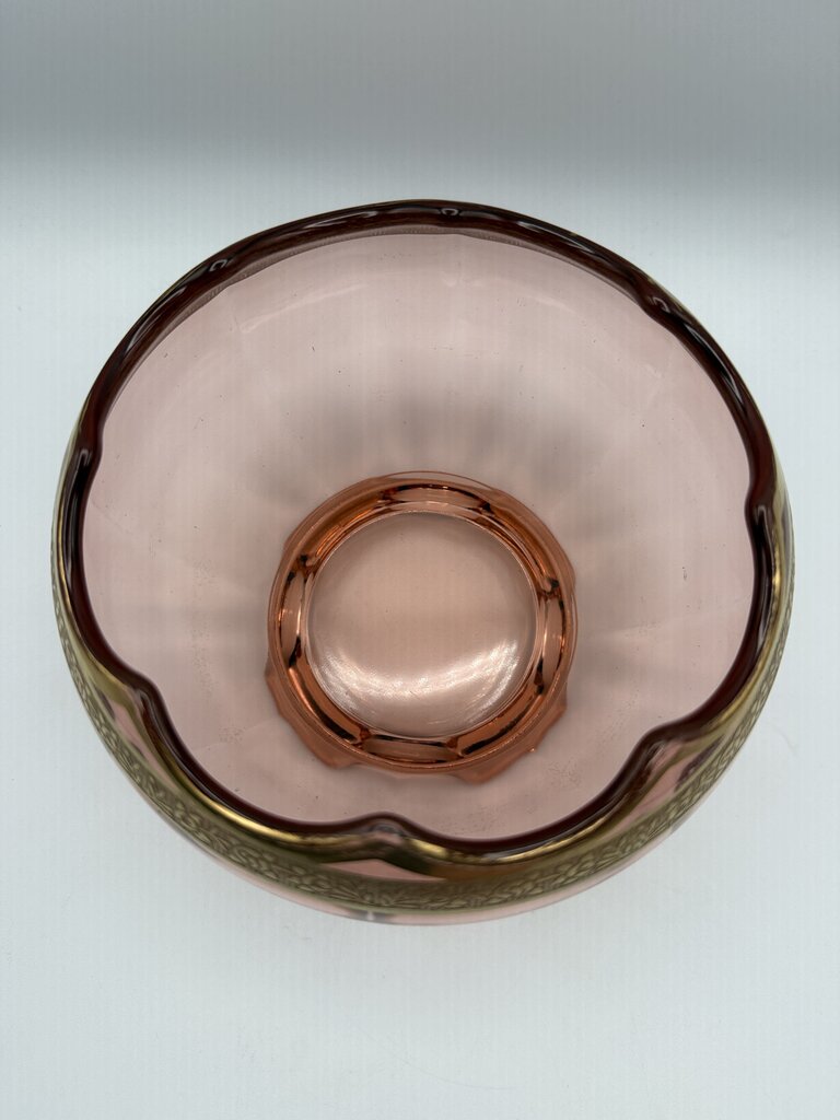 Art Deco Decorative Gold Etched Pink Depression Glass Footed Bowl /ro