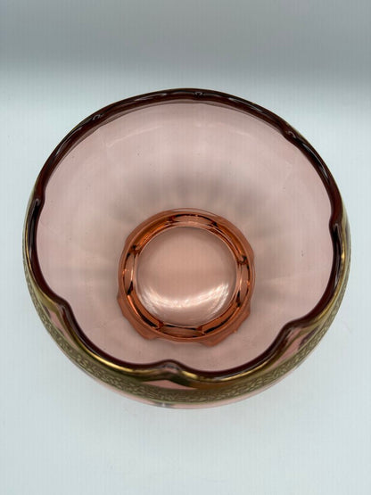Art Deco Decorative Gold Etched Pink Depression Glass Footed Bowl /ro