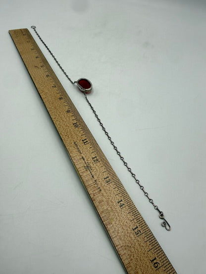 Vtg Amber Cabochon Gemstone Pendant w/Sterling setting 15” Chain Necklace /ro