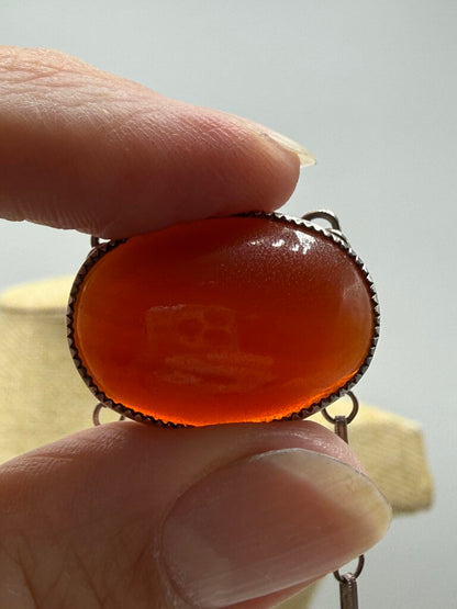 Vtg Amber Cabochon Gemstone Pendant w/Sterling setting 15” Chain Necklace /ro