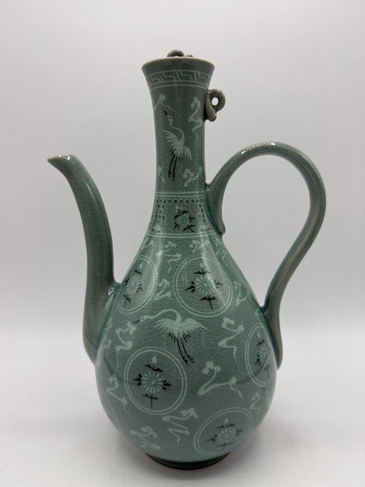 VTG Korean Celadon Green Flying Crane Tea Pot /rw