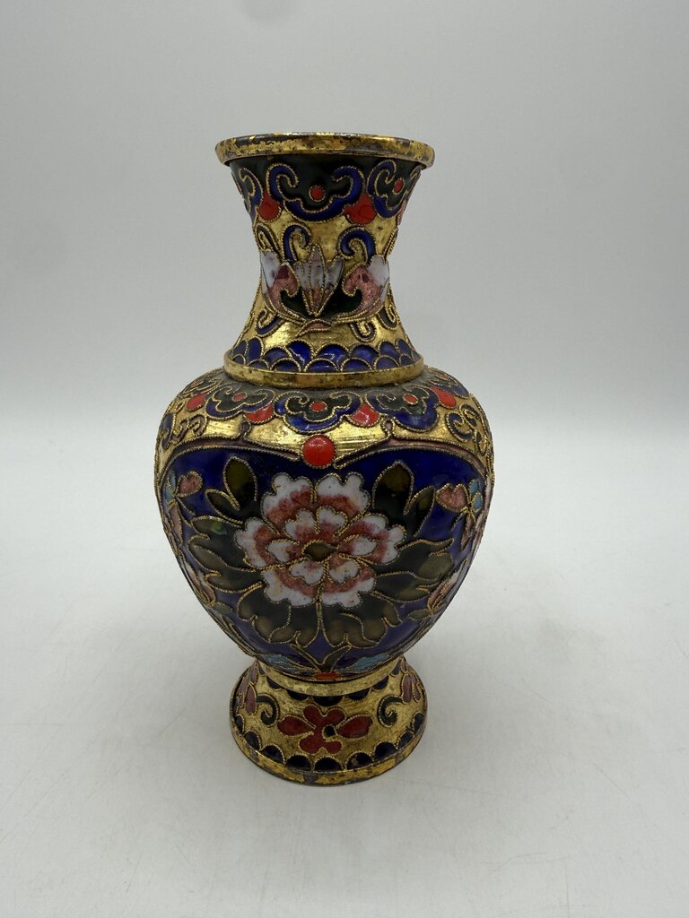 VTG Cloisonné Vase 6” w/ Enamel & Gold Gilt Floral Theme /ro