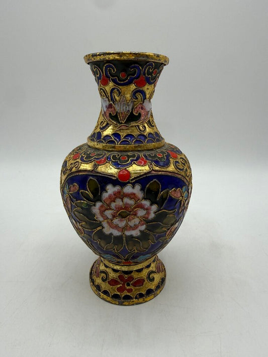 VTG Cloisonné Vase 6” w/ Enamel & Gold Gilt Floral Theme /ro