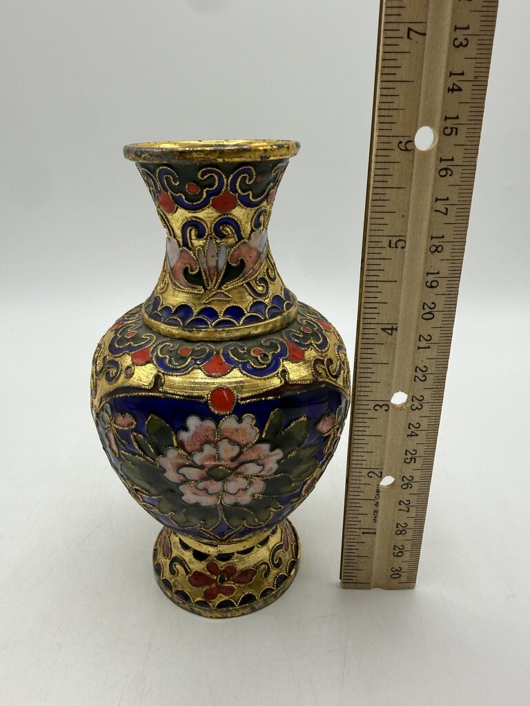 VTG Cloisonné Vase 6” w/ Enamel & Gold Gilt Floral Theme /ro