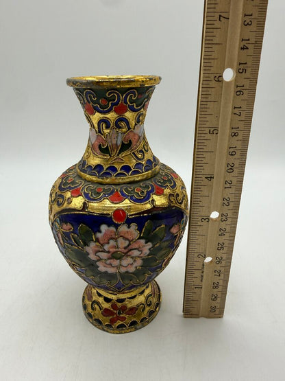 VTG Cloisonné Vase 6” w/ Enamel & Gold Gilt Floral Theme /ro