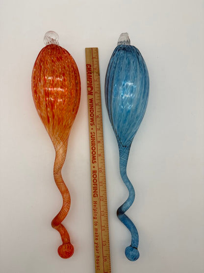 Hand Blown Decorative Glass Ornaments Blue & Orange 16” Long /roh