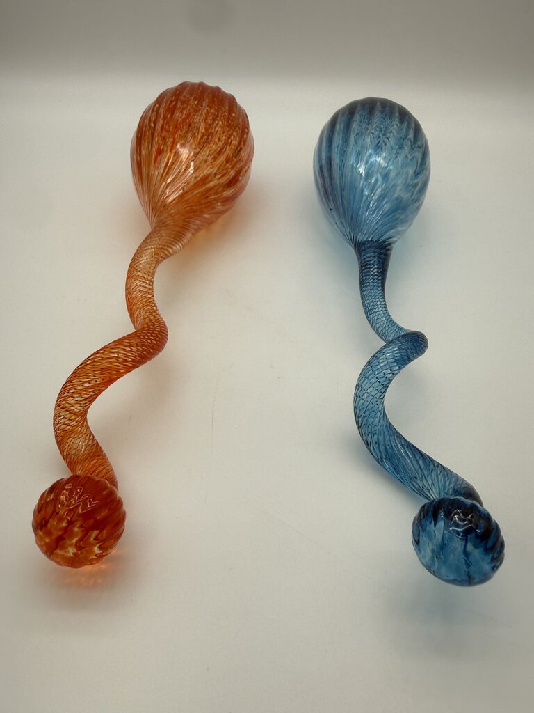 Hand Blown Decorative Glass Ornaments Blue & Orange 16” Long /roh