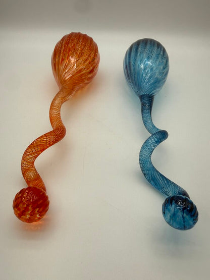 Hand Blown Decorative Glass Ornaments Blue & Orange 16” Long /roh