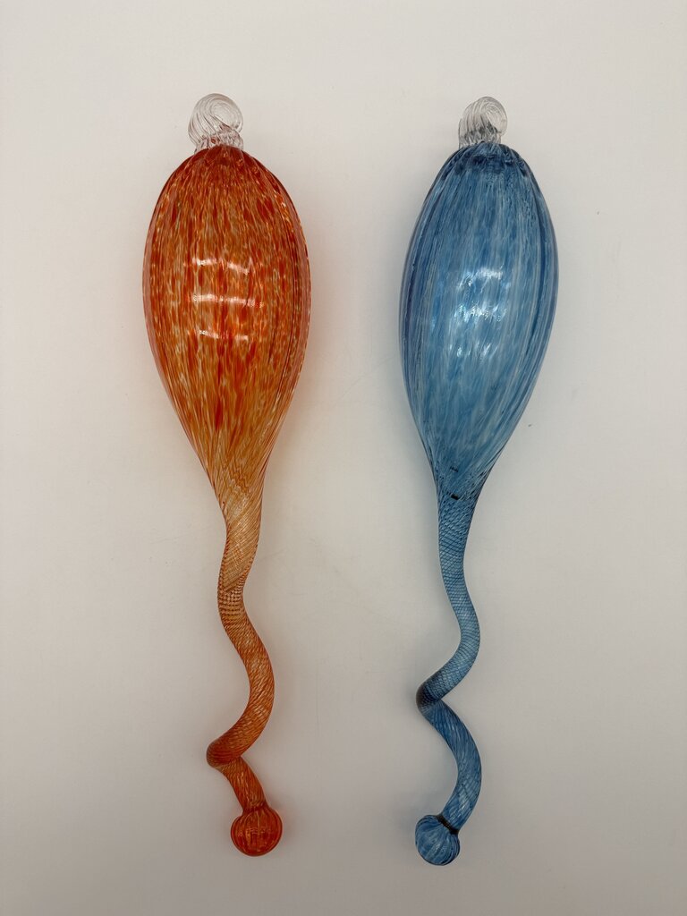 Hand Blown Decorative Glass Ornaments Blue & Orange 16” Long /roh