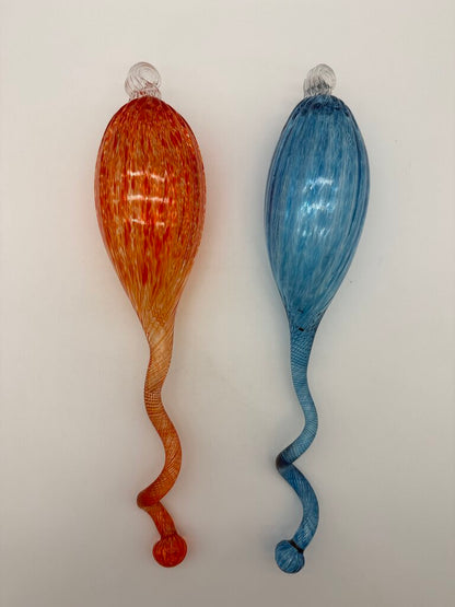 Hand Blown Decorative Glass Ornaments Blue & Orange 16” Long /roh