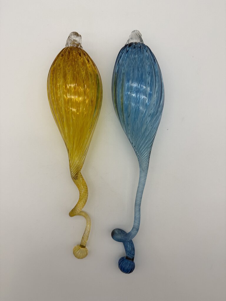 Hand Blown Decorative Glass Hanging Ornaments Blue & Yellow 16” /roh