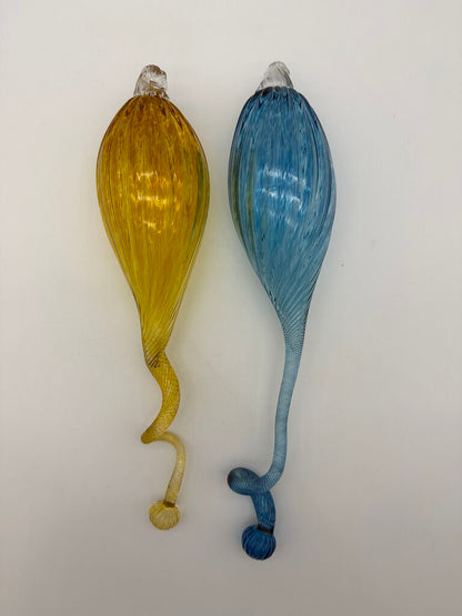 Hand Blown Decorative Glass Hanging Ornaments Blue & Yellow 16” /roh