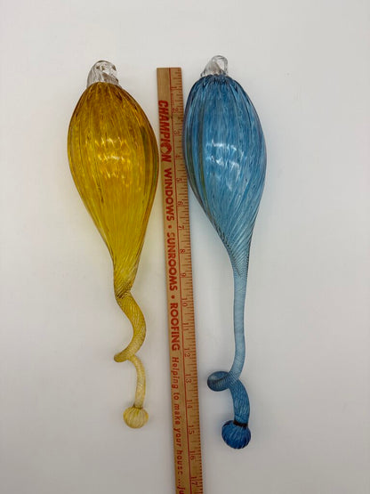 Hand Blown Decorative Glass Hanging Ornaments Blue & Yellow 16” /roh