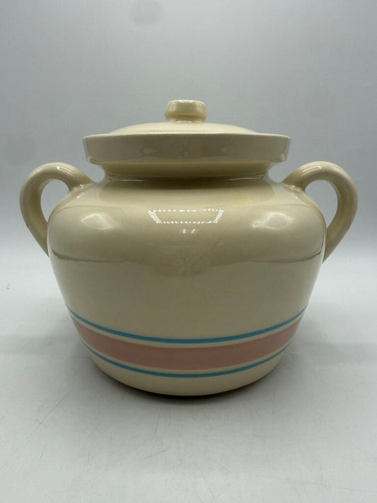 VTG McCoy Bean Pot w/Lid Pink & Blue Strip #342 /rw