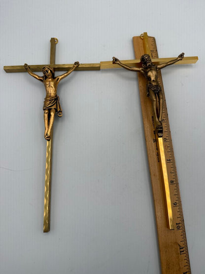 Set of 2 Solid Brass Cross Crucifixes w/Jesus Christ /roh