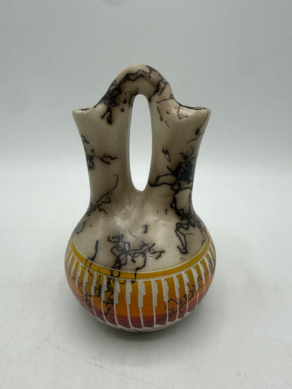 Native American Navaho Horse Hair Pottery Hand Etched Wedding Vase 5” /ro