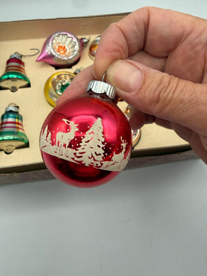 Vintage Set of 10 Glass Ornaments Shiny Brite & Blown Glass in Box /rw