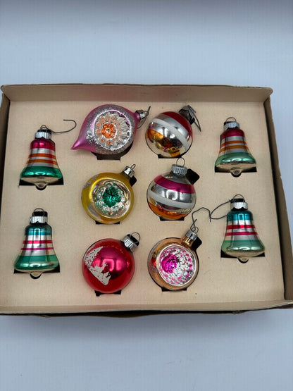 Vintage Set of 10 Glass Ornaments Shiny Brite & Blown Glass in Box /rw