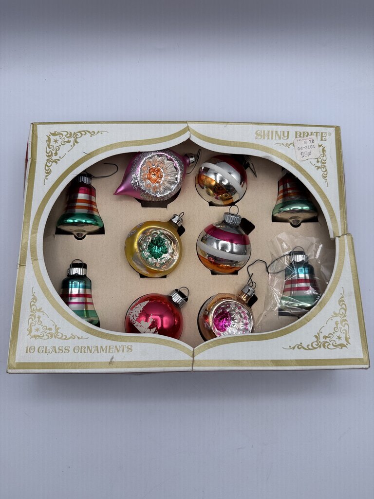 Vintage Set of 10 Glass Ornaments Shiny Brite & Blown Glass in Box /rw