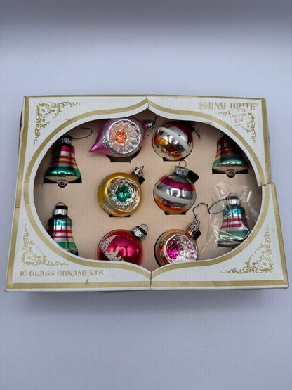 Vintage Set of 10 Glass Ornaments Shiny Brite & Blown Glass in Box /rw