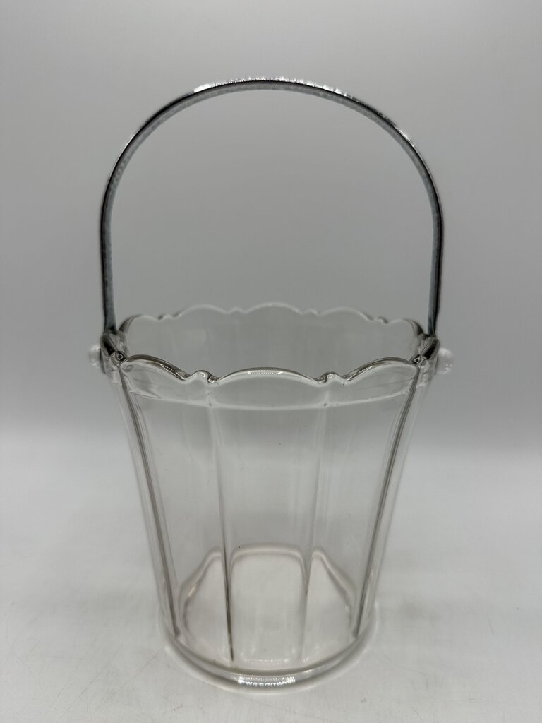 VTG Clear Pressed Glass Ice Bucket with Silver Metal Handle /ro