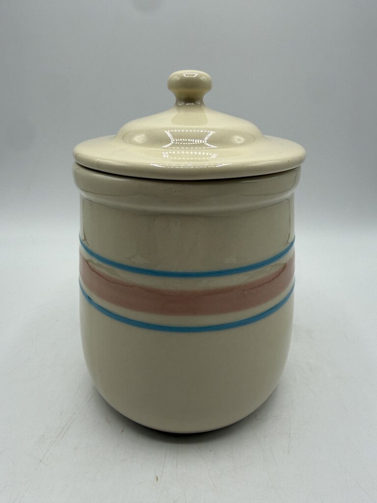 VTG McCoy Pottery #135 Cream Glaze Pink & Blue Strip Canister 6” /rw
