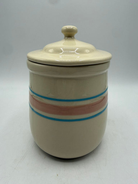 VTG McCoy Pottery #135 Cream Glaze Pink & Blue Strip Canister 6” /rw