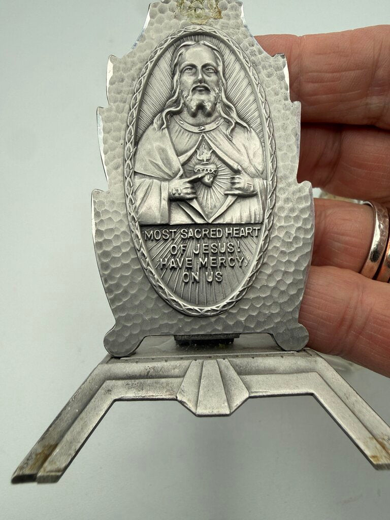 Vintage Glass Holy Water Bottle with Sacred Heart of Jesus Stand /ro
