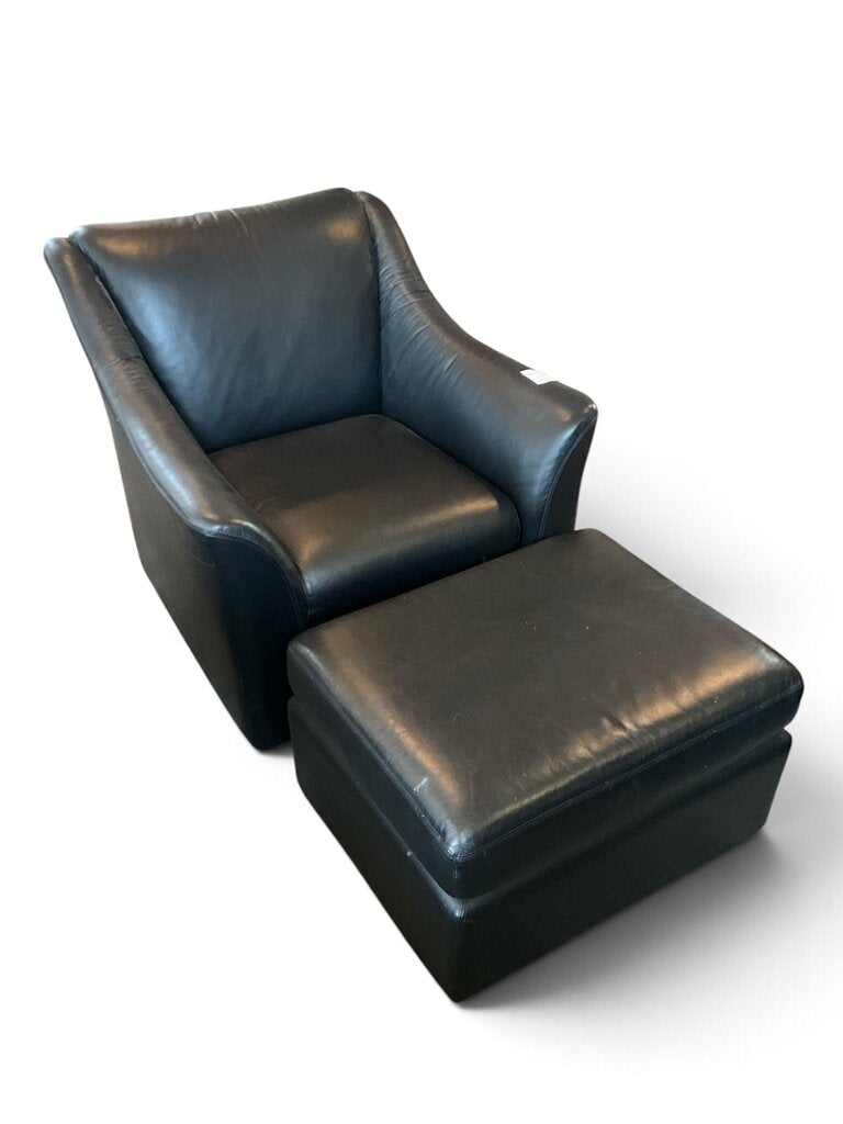 Black Leather Arm Chair w/ Stool