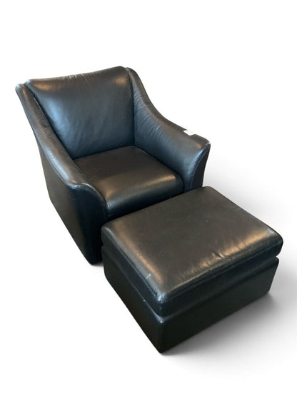Black Leather Arm Chair w/ Stool