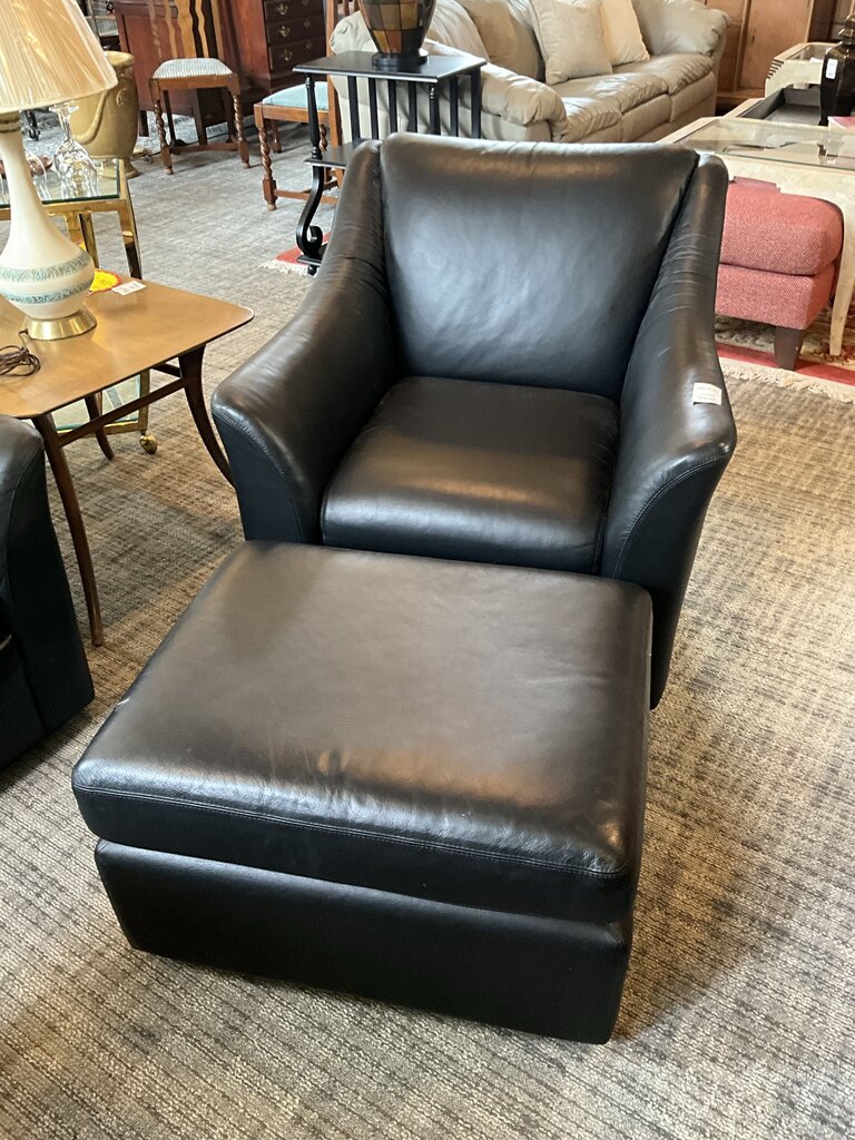 Black Leather Arm Chair w/ Stool