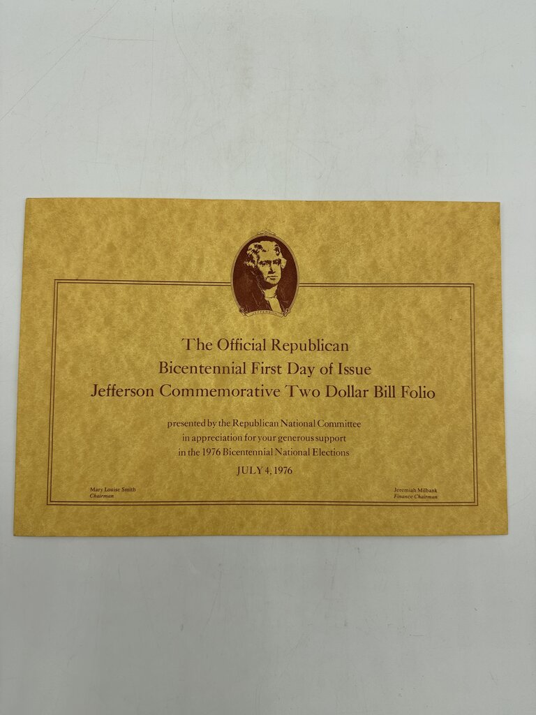 Bicentennial First Day Of Issue Jefferson Commemorative Two Dollar Bill /ro