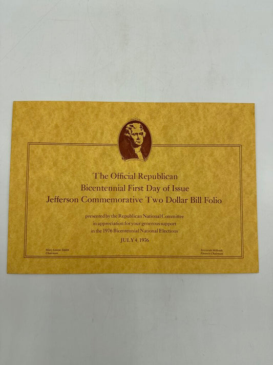 Bicentennial First Day Of Issue Jefferson Commemorative Two Dollar Bill /ro