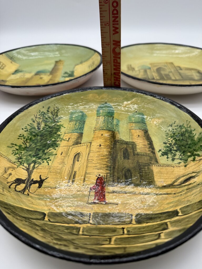 Set of 3 Hand Painted Central Asia Souvenir Plates 9.5” diam /roh