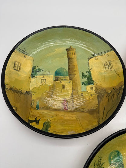 Set of 3 Hand Painted Central Asia Souvenir Plates 9.5” diam /roh