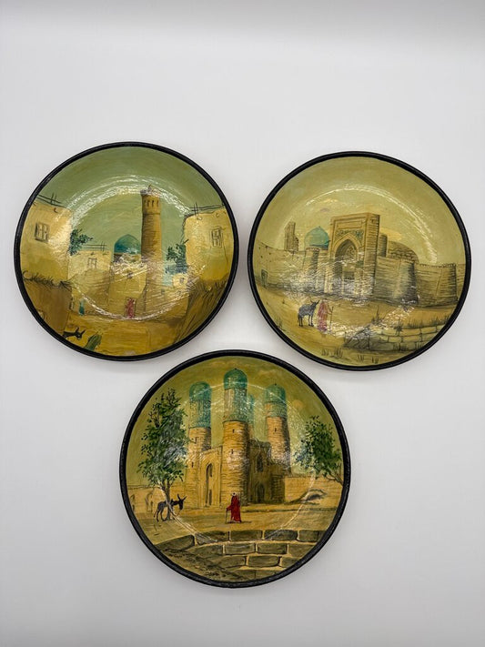 Set of 3 Hand Painted Central Asia Souvenir Plates 9.5” diam /roh