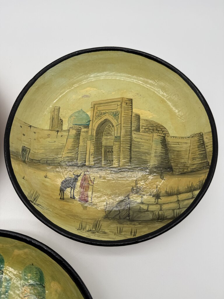 Set of 3 Hand Painted Central Asia Souvenir Plates 9.5” diam /roh