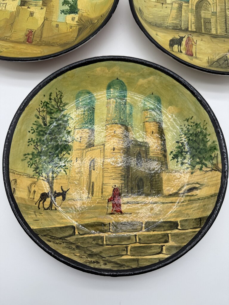 Set of 3 Hand Painted Central Asia Souvenir Plates 9.5” diam /roh