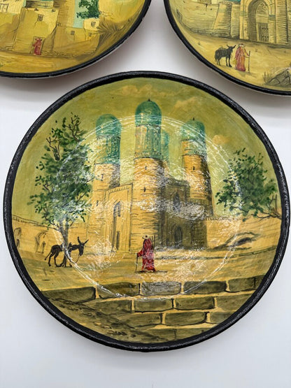Set of 3 Hand Painted Central Asia Souvenir Plates 9.5” diam /roh