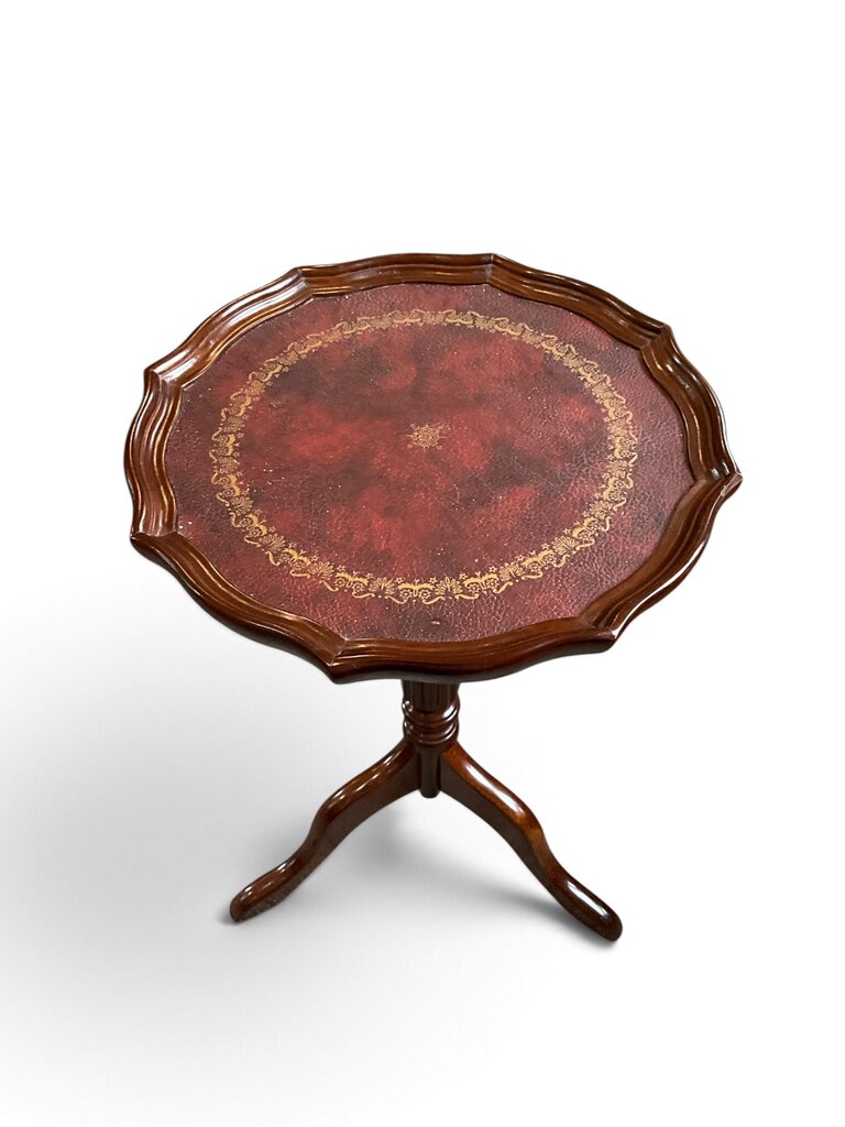 Vintage Leather Top Pie Crust Accent Table