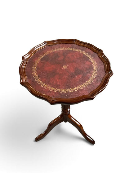 Vintage Leather Top Pie Crust Accent Table