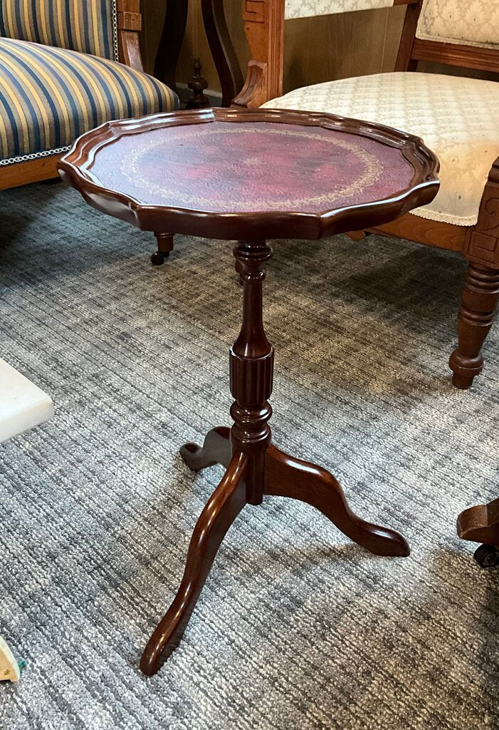 Vintage Leather Top Pie Crust Accent Table