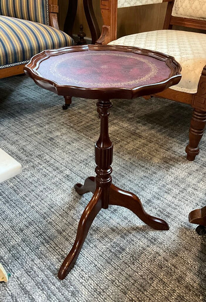 Vintage Leather Top Pie Crust Accent Table