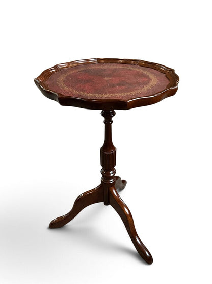 Vintage Leather Top Pie Crust Accent Table
