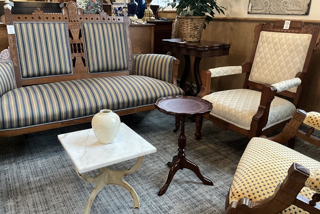 Vintage Leather Top Pie Crust Accent Table