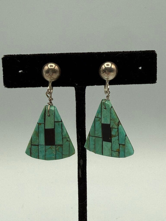 VTG Inlaid Turquoise Triangle Dangle Earrings Sterling Screw-Back /ro