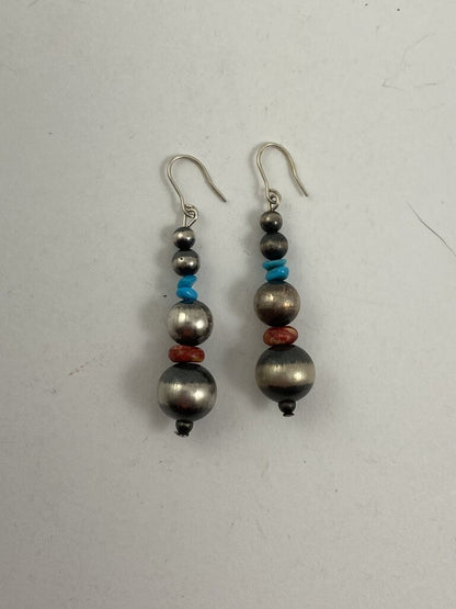 Graduated Stacked Sterling Silver Bead Earrings with Turquoise & Coral /r